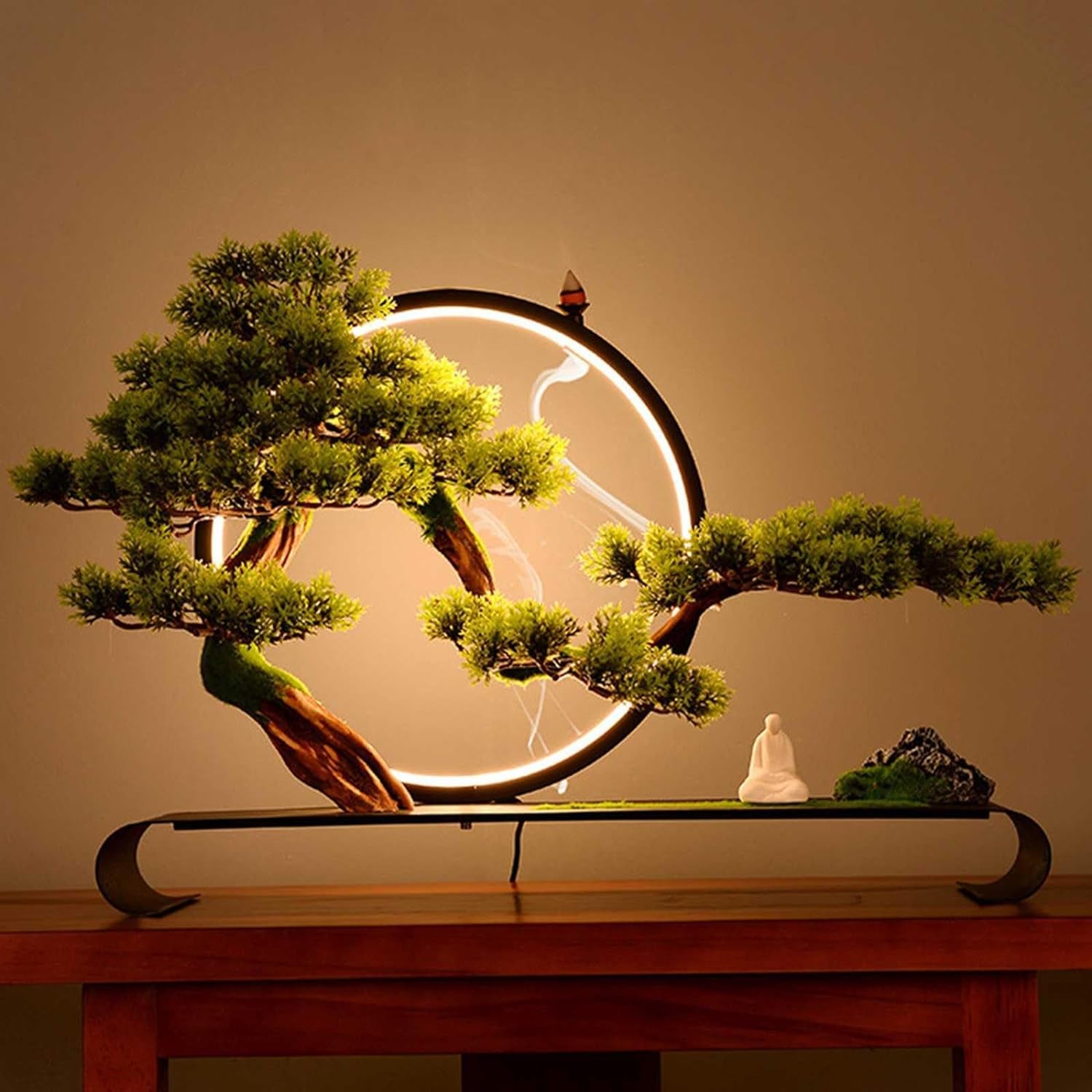 Artificial Tree with Lamp Ring, Zen Welcome Pine Faux Potted with Backflow Incense, Realistic Simulation Bonsai Green Plant for Home Office Desk Bedroom Farmhouse