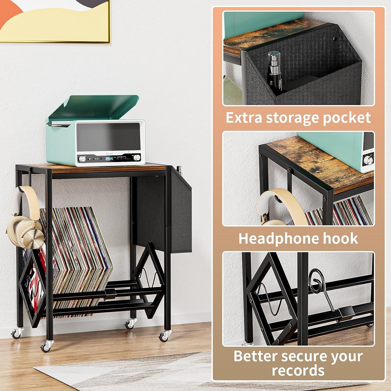 Vinyl Record Player Stand - Record Player Table with Storage Hold 80 Albums Turntable Stand with Organizer Pocket and Wheels