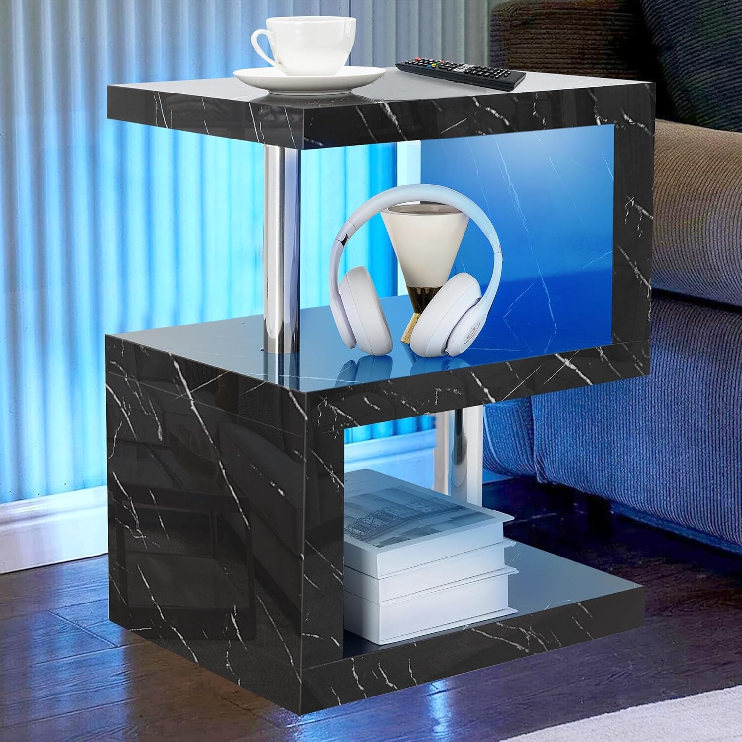 High Gloss Bedside Table with RGB LED Lights 2 Tier Shelf Side Table for Living Room, Bedroom Sofa Side Table, End Table Small Bedside Tables Nightstand Cabinet Side Tables for Small Spaces