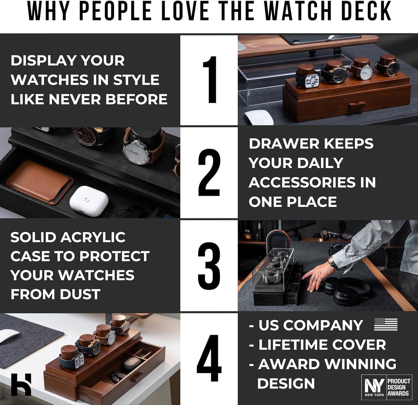 Elevate Your Watch Collection with the Watch Deck – Premium Watch Display Case for 4 Watches – Unique Birthday Gift for Men – Wooden Mens Watch Box & Watch Case – Lifetime Assurance Included