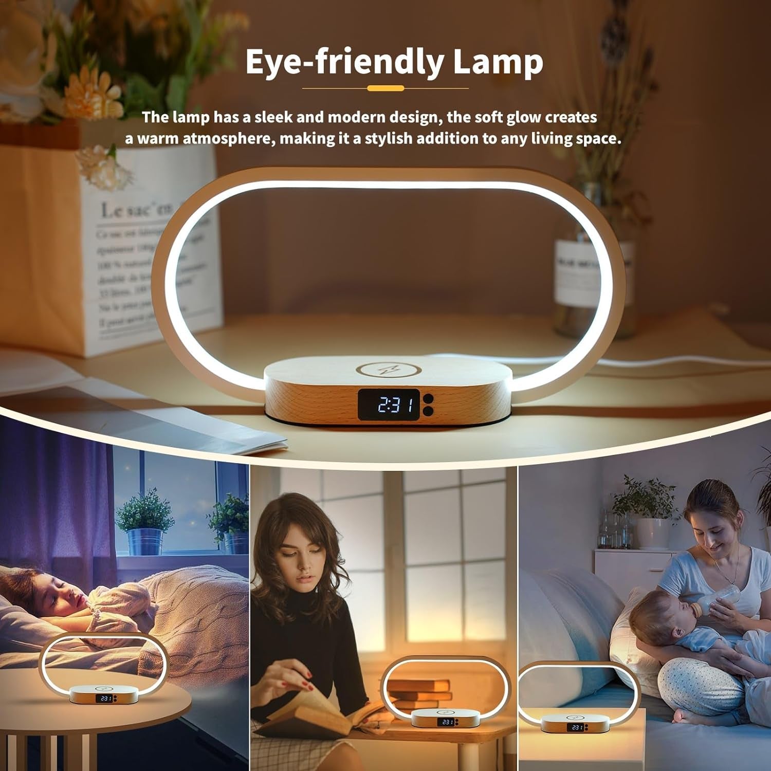 Bedside Lamp with Wireless Charging,Led Touch Control Table Lamp USB Night Light with 3 Colors Modes and Clock,Bedroom Bedside Night Light,Wooden Nightstand Lamp Modern Desk Lamp