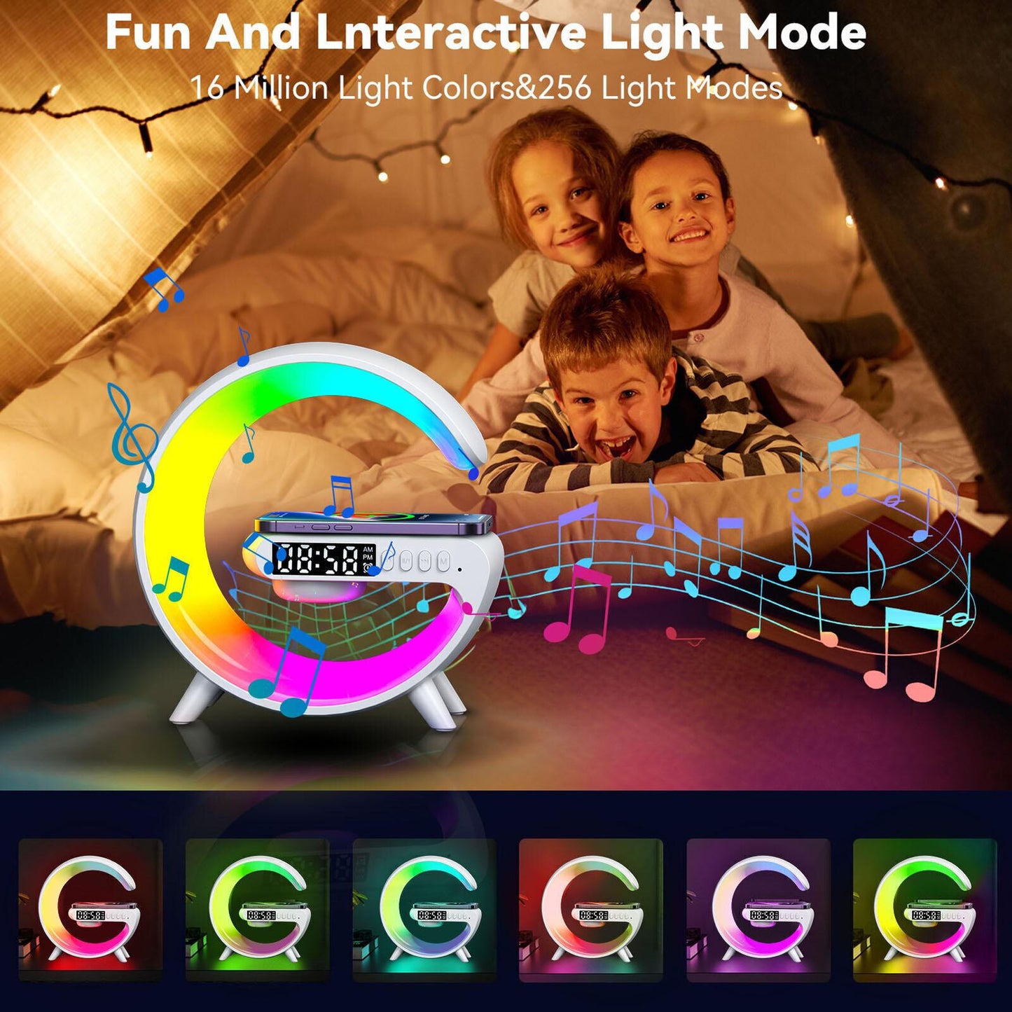 LED Smart G Lamp Wireless Charger Bluetooth Speaker RGB Alarm Clock Night Light