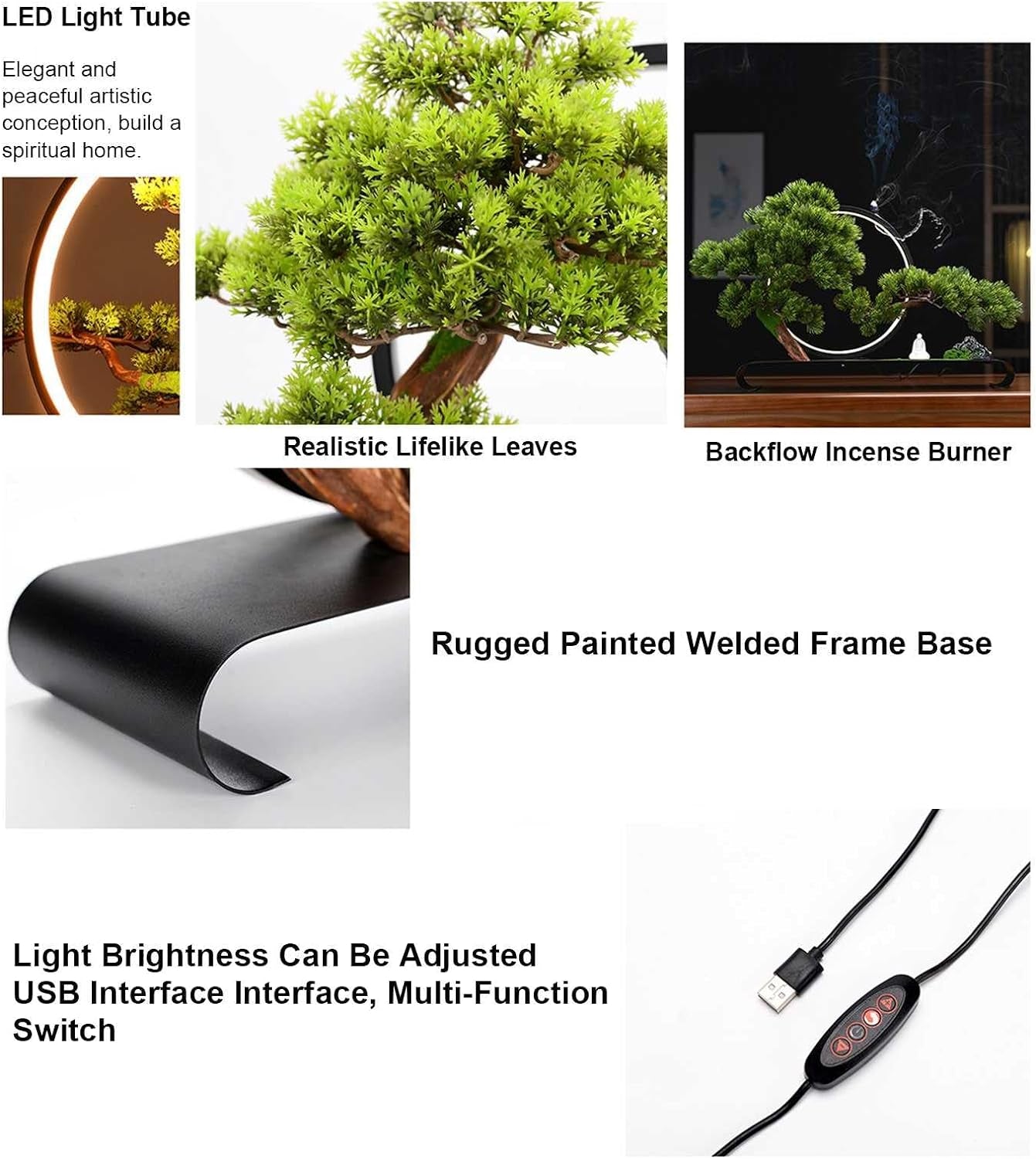 Artificial Tree with Lamp Ring, Zen Welcome Pine Faux Potted with Backflow Incense, Realistic Simulation Bonsai Green Plant for Home Office Desk Bedroom Farmhouse