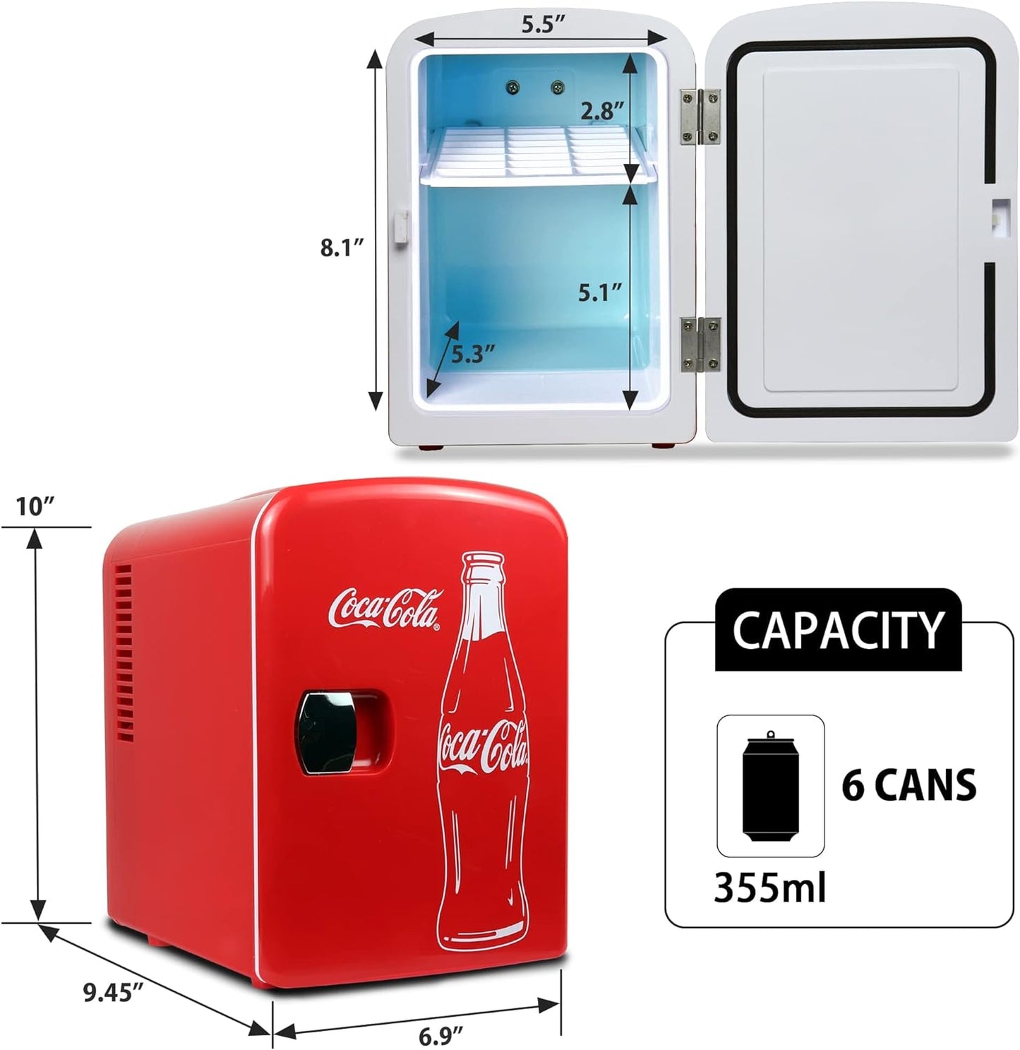 Coca Cola Mini Fridge 4 Liter/6 Can Portable Fridge/Mini Cooler Refrigerator for Food Beverages Cosmetics Skincare for Home Office Dorm Car Boat, AC & DC Plugs