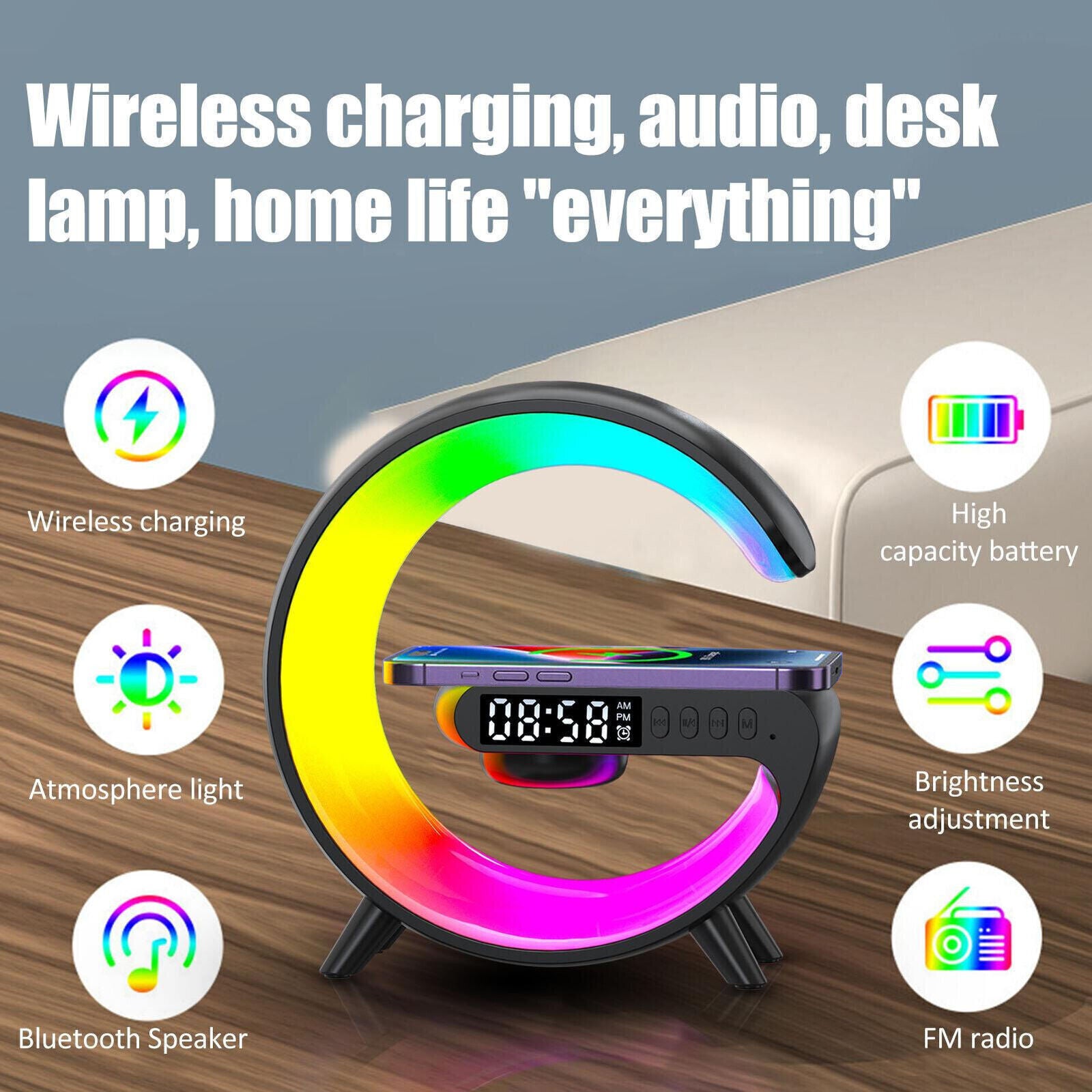 LED Smart G Lamp Wireless Charger Bluetooth Speaker RGB Alarm Clock Night Light