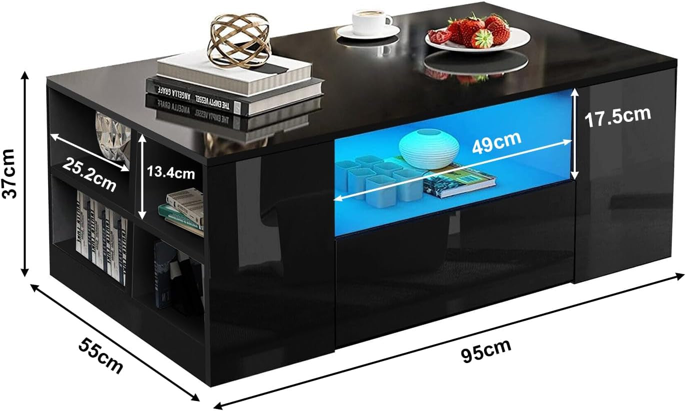 Led Coffee Table with 2 Drawer Storage, High Gloss Coffee Table for Living Room Wooden Centre Table with RGB Led Lights Rectangle Tea Table for Living Room Furniture, Black