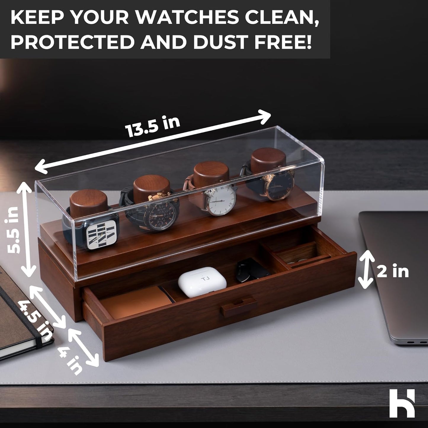 Elevate Your Watch Collection with the Watch Deck – Premium Watch Display Case for 4 Watches – Unique Birthday Gift for Men – Wooden Mens Watch Box & Watch Case – Lifetime Assurance Included