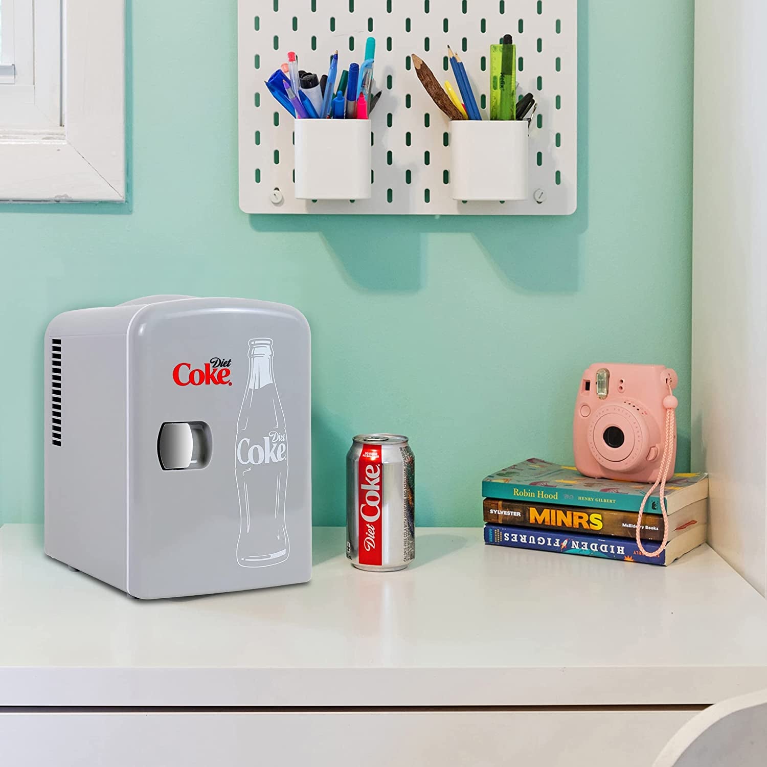 Diet Coke Mini Fridge for Bedrooms| 4L 6 Can 12V Compact Refrigerator for Snacks Lunch Drinks| Portable Personal Cooler/Warmer for Desktop Home Office Car Kids Travel Camping, Grey