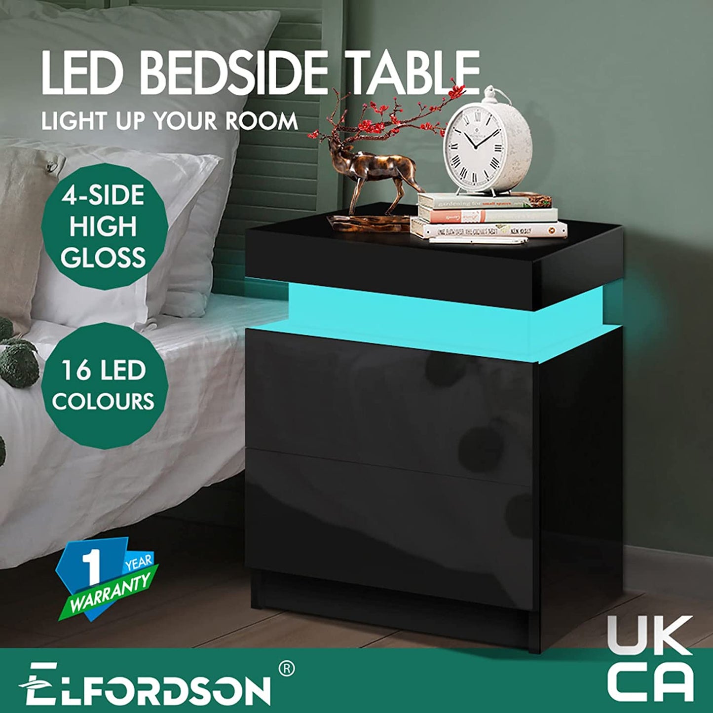 Bedside Table with 2 Drawers, 4 Sides High Gloss LED Bedside Cabinet with 16 Colours, Side Cabinet Nightstand Bedroom Living Room Furniture Black