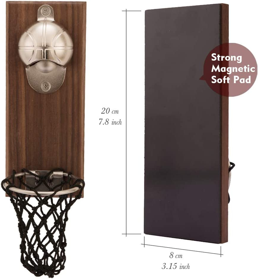 Magnetic Basketball Bottle Opener, Wooden Wall Mounted Opener with Cap Collector Catcher, Gift for Basketball and Beer Lovers, Use as Kitchen-Yard-Bar Decoration.