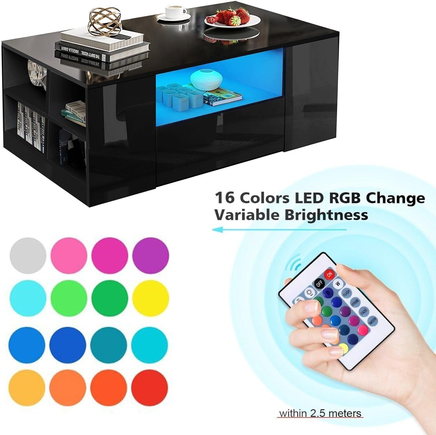 Led Coffee Table with 2 Drawer Storage, High Gloss Coffee Table for Living Room Wooden Centre Table with RGB Led Lights Rectangle Tea Table for Living Room Furniture, Black