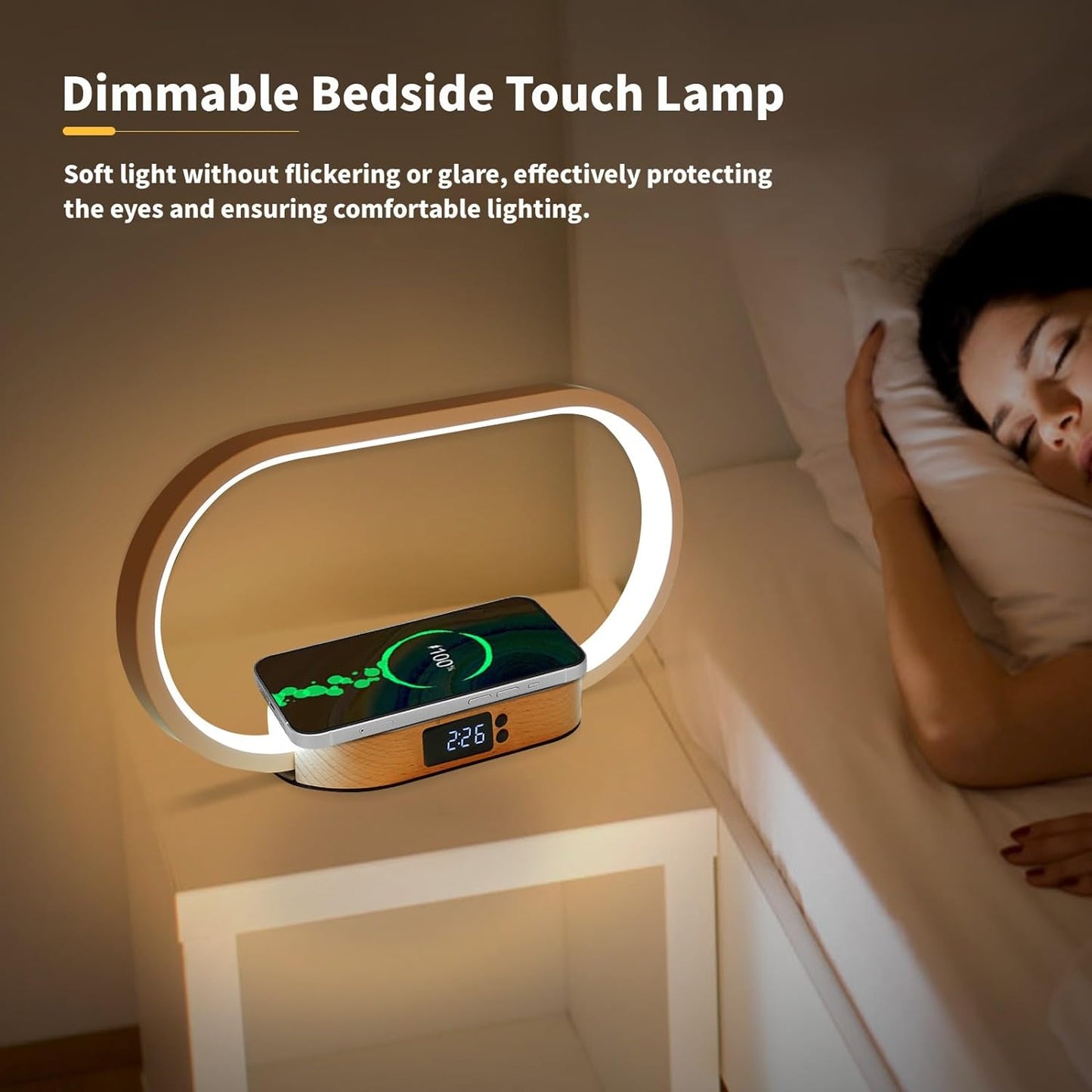 Bedside Lamp with Wireless Charging,Led Touch Control Table Lamp USB Night Light with 3 Colors Modes and Clock,Bedroom Bedside Night Light,Wooden Nightstand Lamp Modern Desk Lamp