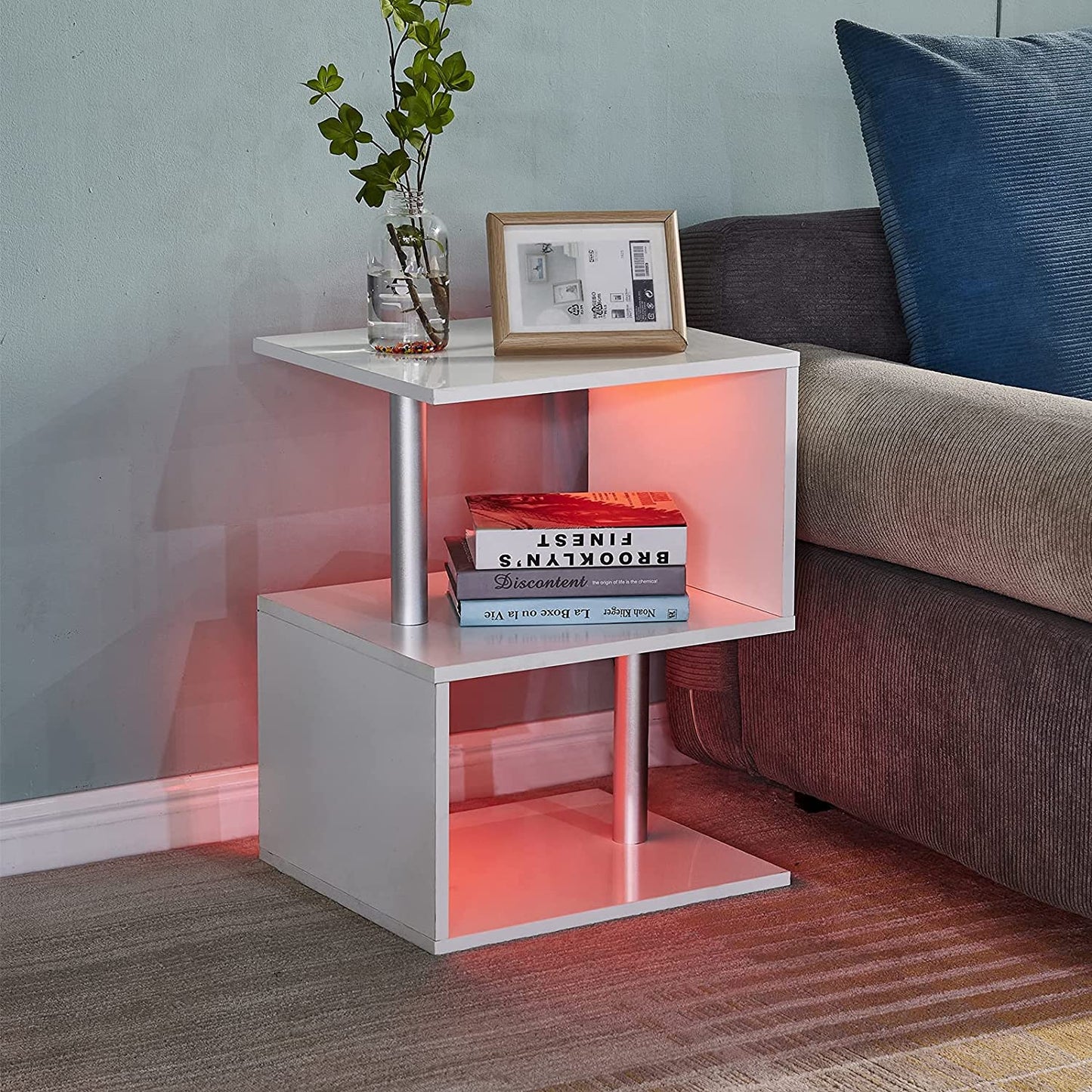 LED Side Table White High Gloss Coffee Table Living Room End Table with LED RGB Lights, 2 Tier Storage Shelves Unit for Living Room Bed Room and Office