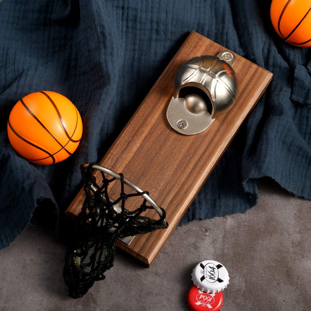 Magnetic Basketball Bottle Opener, Wooden Wall Mounted Opener with Cap Collector Catcher, Gift for Basketball and Beer Lovers, Use as Kitchen-Yard-Bar Decoration.