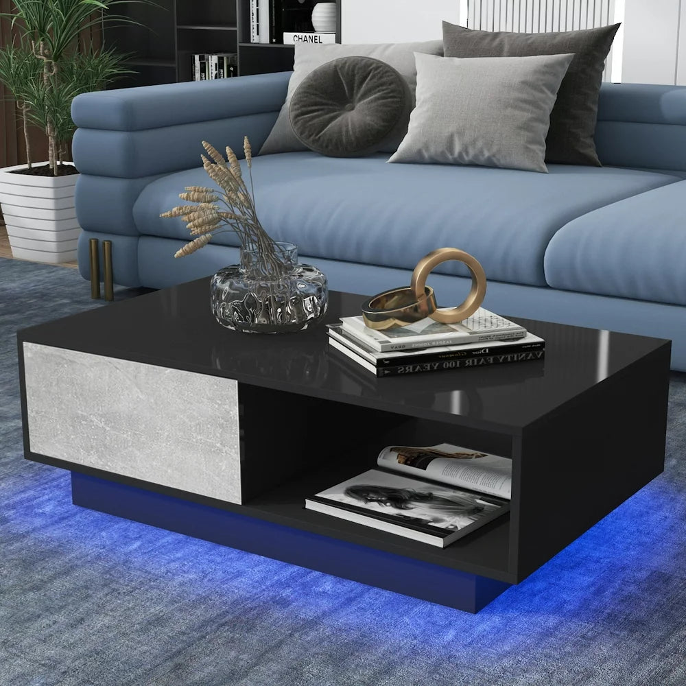 LED Coffee Table Center Table High Gloss Modern Coffee Table Sofa Side Tea Cocktail Tables with Drawer Open Shelf for Living Room Gray Black