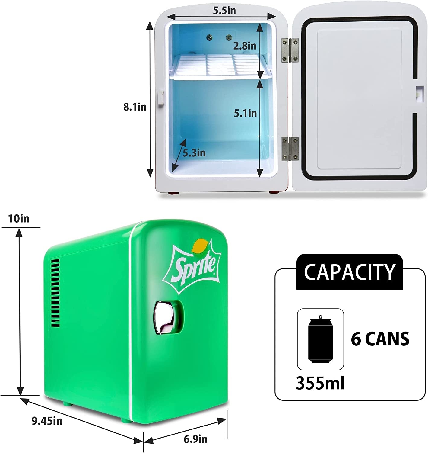 Coca Cola SP04 AZ Sprite 4L 6 Can Portable Cooler/Warmer, Compact Personal Travel Mini Fridge for Snacks Lunch Drinks Cosmetic, Includes 12V and AC Cords,Desk Accessory (Green)