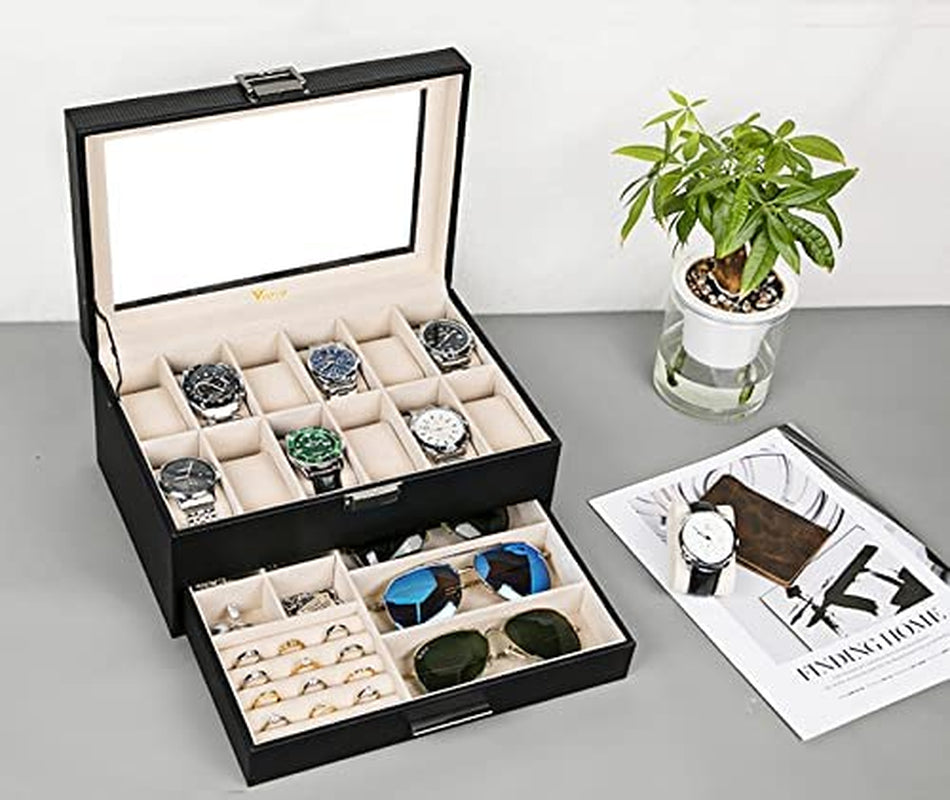 Watch Boxes Organizer Jewellery Box for Men Women,2 Layer Large 12 Slot PU Leather Watch Storage Case, Glass Top Jewelry Display Holder for Watches Sunglasses Rings Necklaces Bracelets,Black