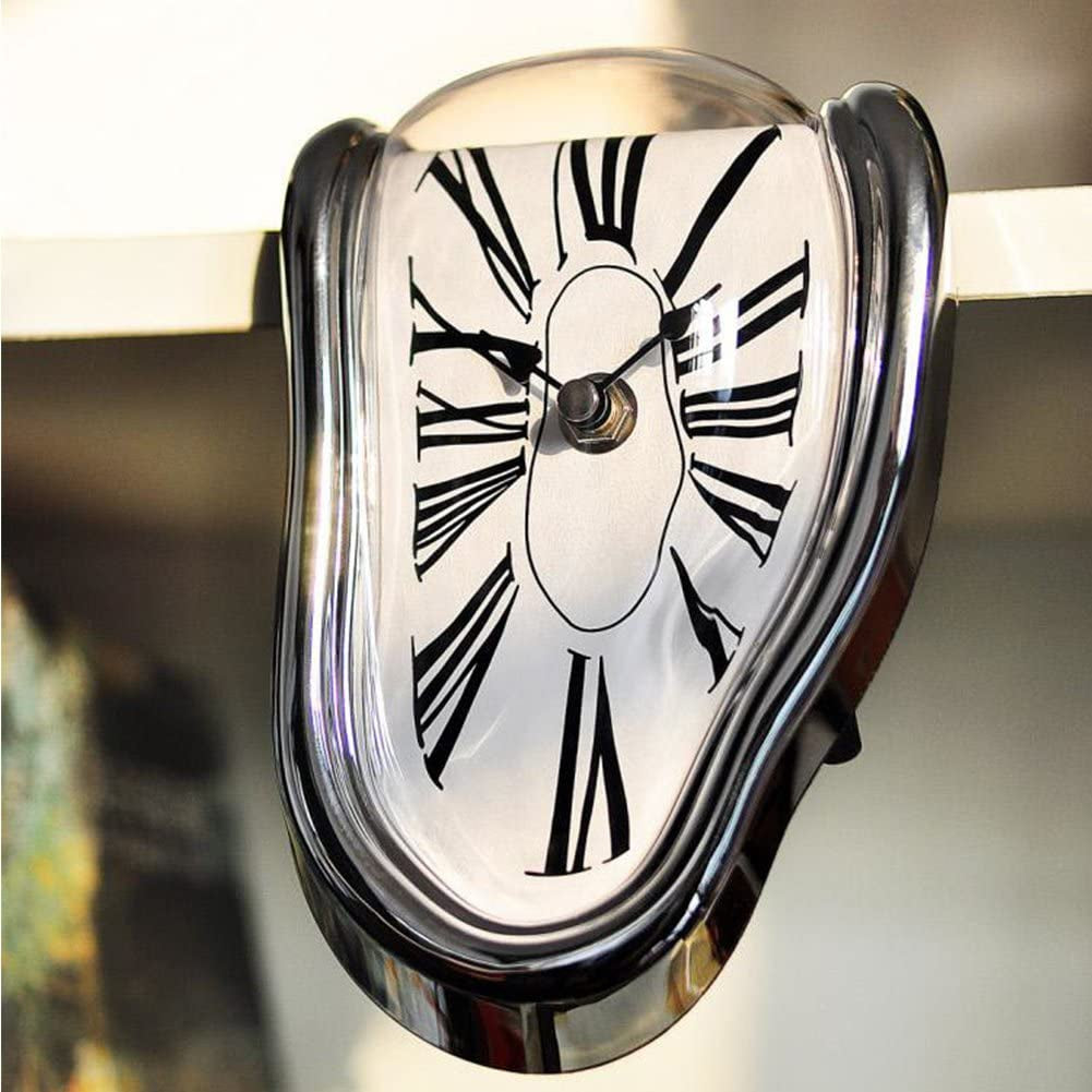 Melting Clock, Distorted Table Clock, Decorative Salvador Dali Style Watch Melted Clock, Melted Clock for Office Shelf Desk(Silver)