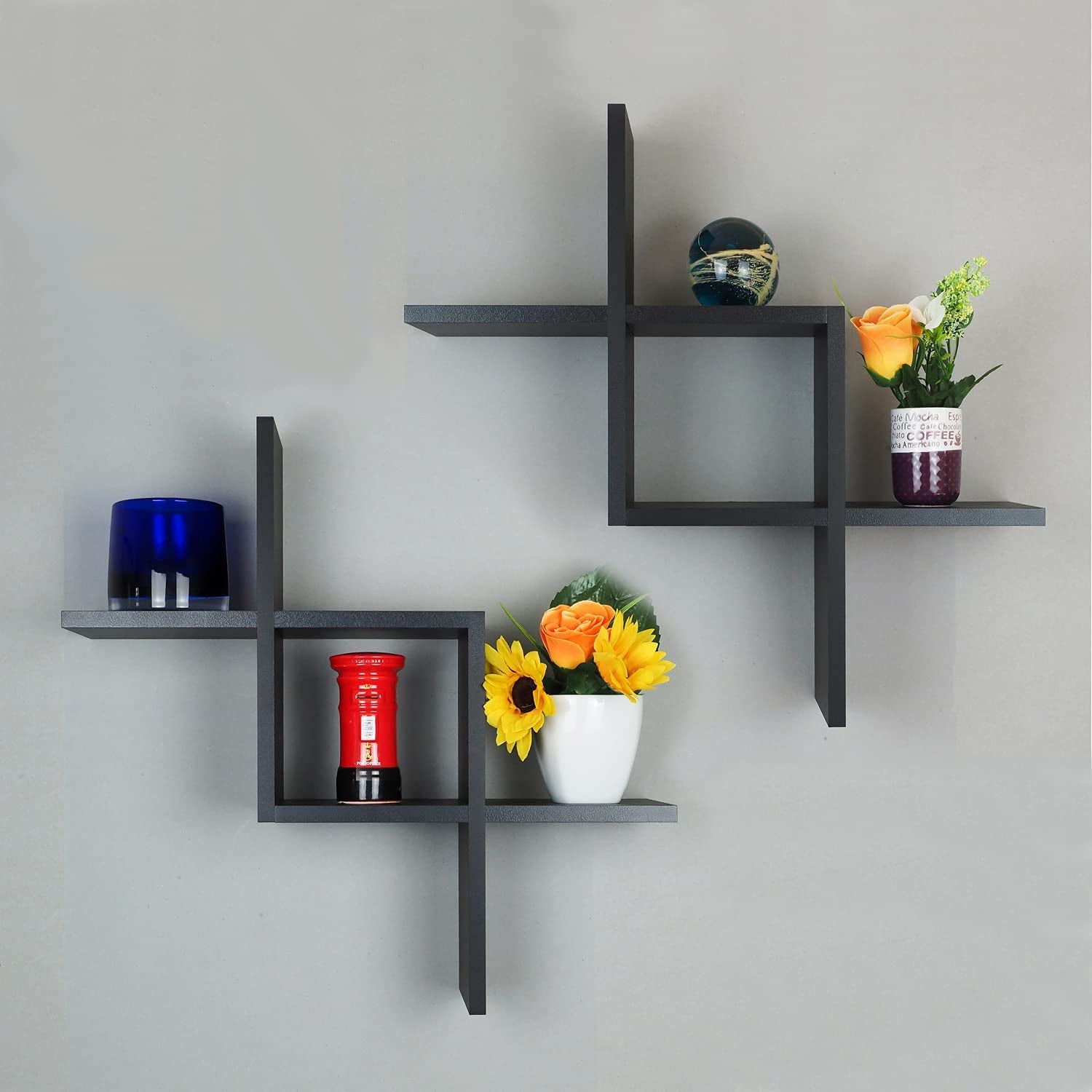 Floating Shelves | Black | Wall Mounted Criss Cross Design | Shelves for Wall | Wall Shelves for Bedroom, Living Room, Bathroom & Kitchen | Floating Shelf | Preassembled Decor Wall Shelf