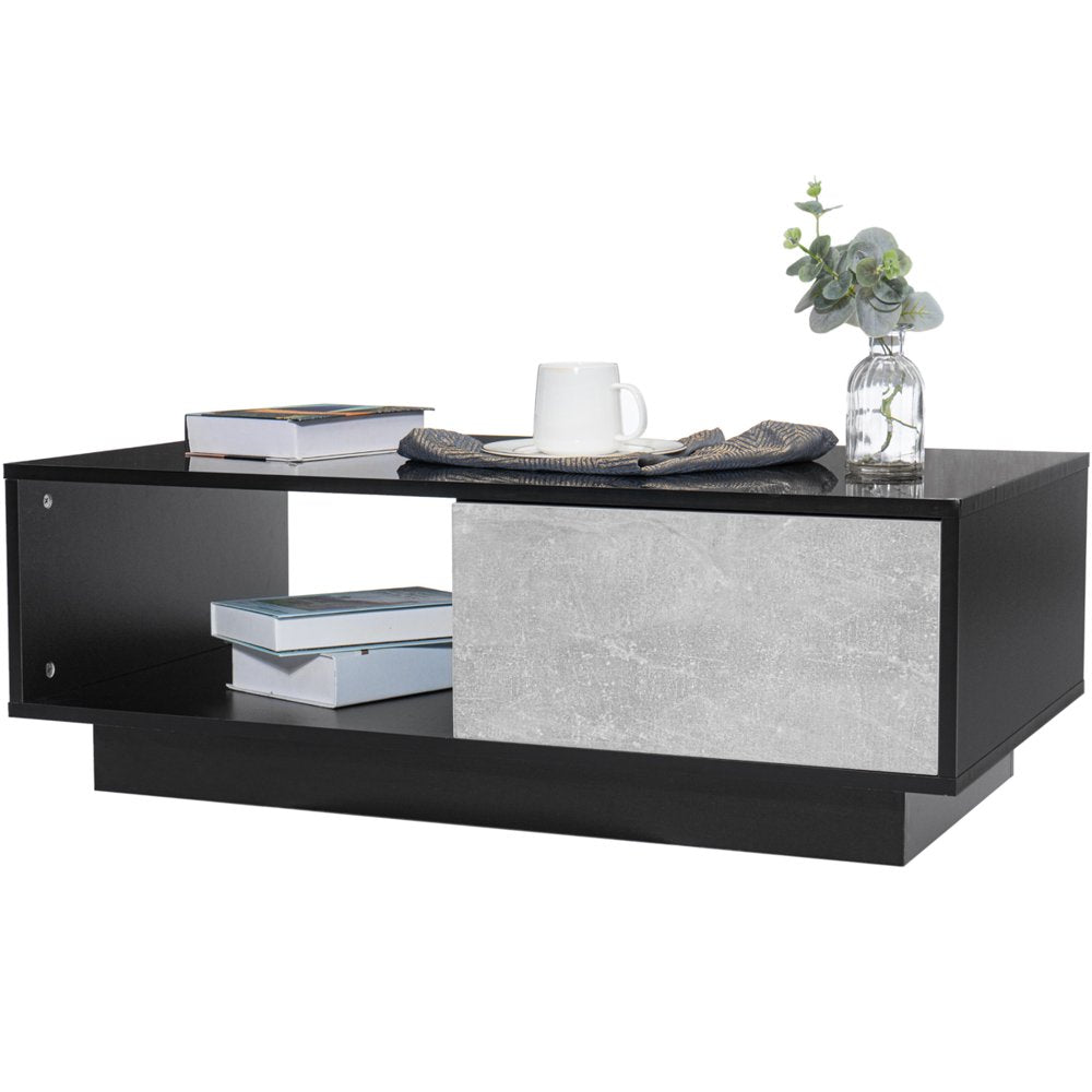 LED Coffee Table Center Table High Gloss Modern Coffee Table Sofa Side Tea Cocktail Tables with Drawer Open Shelf for Living Room Gray Black