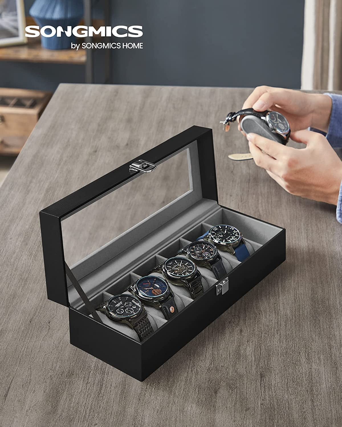 Watch Box with 6 Slots, Watch Case with Glass Lid, Watch Display Box with Removable Watch Pillows, Metal Clasp, Gift Idea, Black Synthetic Leather, Greenish Grey Lining JWB06BK